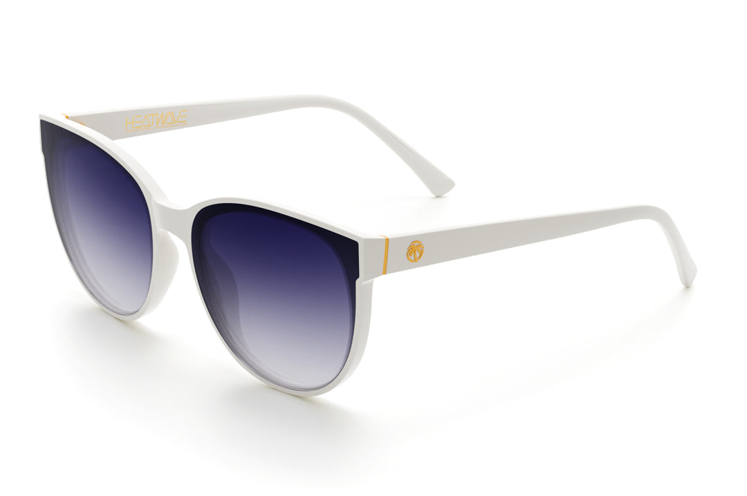 Heat Wave Visual Womens Carat Sunglasses with white frame and purple gradient lenses.