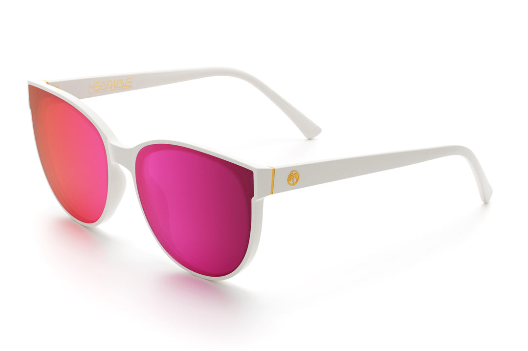 Heat Wave Visual Womens Carat Sunglasses with white frame and spectrum pink lenses.