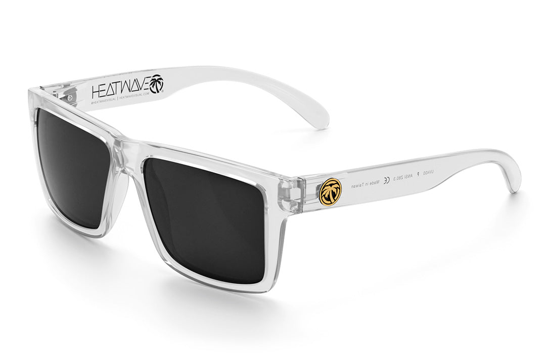 Heat Wave Visual Vise Sunglasses with clear frame and black lenses.