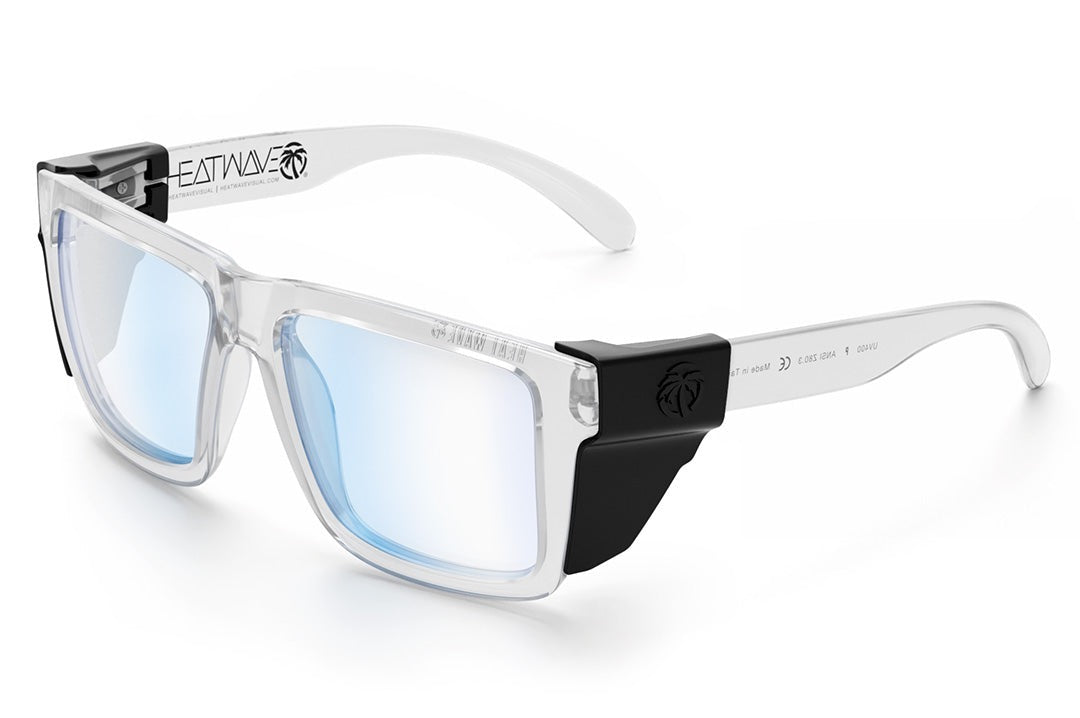 Heat Wave Visual XL Vise Sunglasses with clear frame, clear blue blocker lenses and black side shields. 