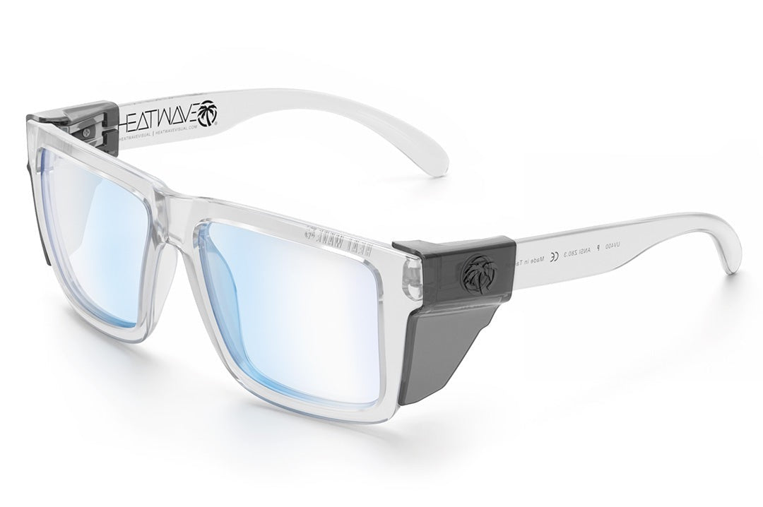 Heat Wave Visual XL Vise Sunglasses with clear frame, clear blue blocker lenses and smoke side shields.