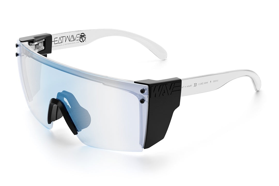 Heat Wave Visual Lazer Face Z87 Sunglasses with clear frame, black nose piece, clear blue blocker lens and black side shields.