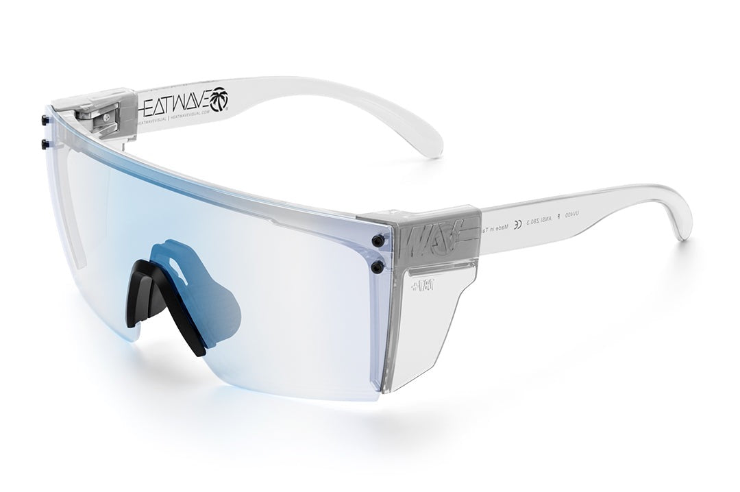 Heat Wave Visual Lazer Face Z87 Sunglasses with clear frame, black nose piece, clear blue blocker lens and clear side shields.