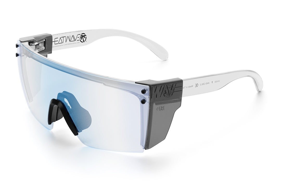 Heat Wave Visual Lazer Face Z87 Sunglasses with clear frame, black nose piece, clear blue blocker lens and smoke side shields.