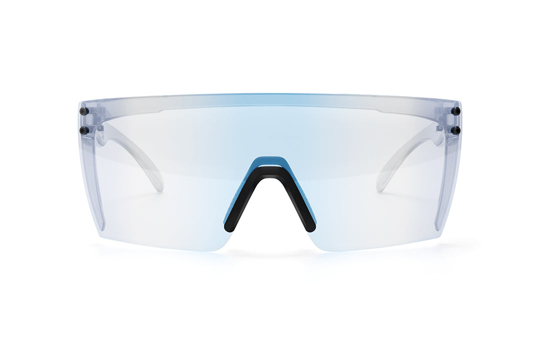 Front view of Heat Wave Visual Lazer Face Z87 Sunglasses with clear frame, black nose piece and clear blue blocker lens.