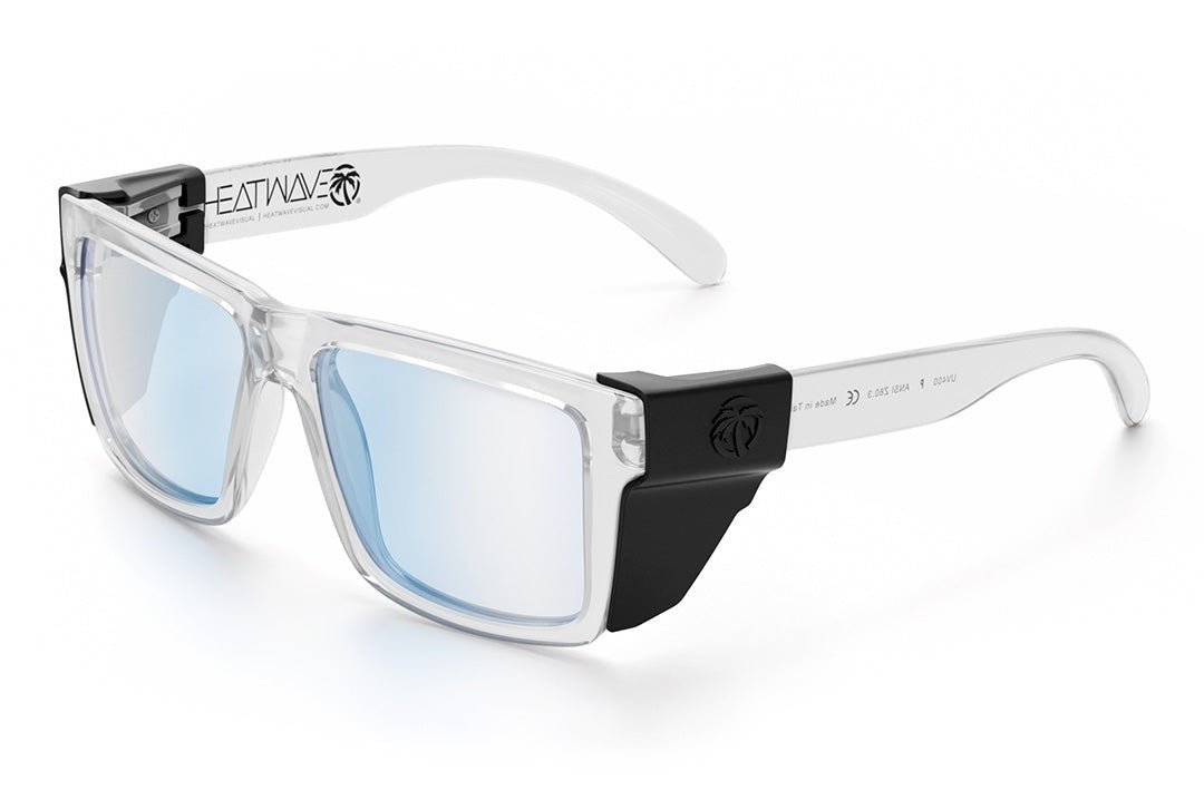 Heat Wave Visual Vise Z87 Sunglasses with clear frame, blue light blocking lenses and black side shields.