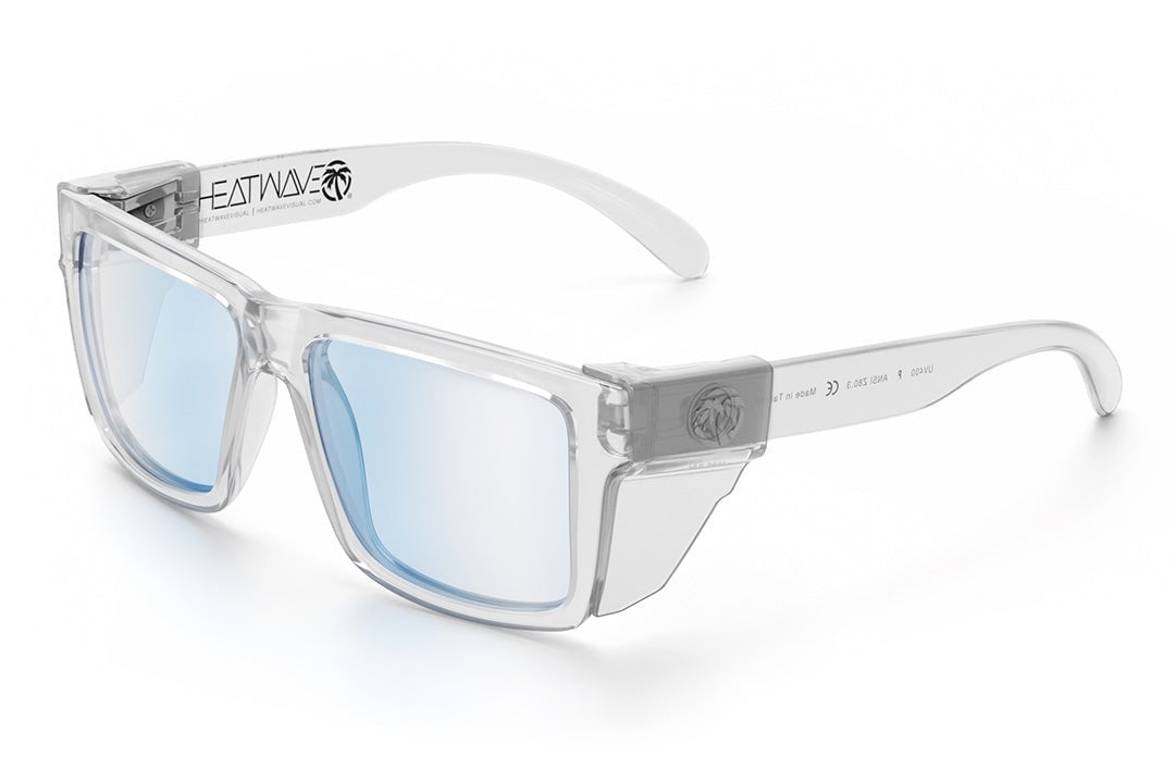 Heat Wave Visual Vise Z87 Sunglasses with clear frame, blue light blocking lenses and clear side shields.