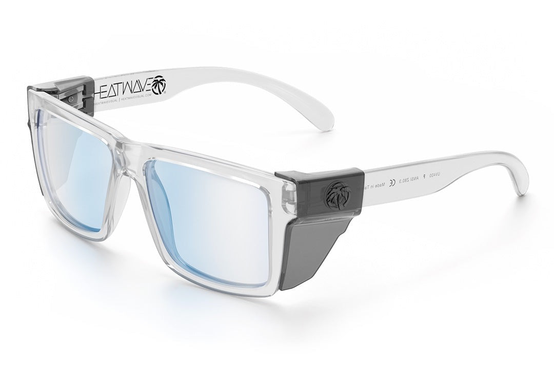 Heat Wave Visual Vise Z87 Sunglasses with clear frame, blue light blocking lenses and smoke side shields.
