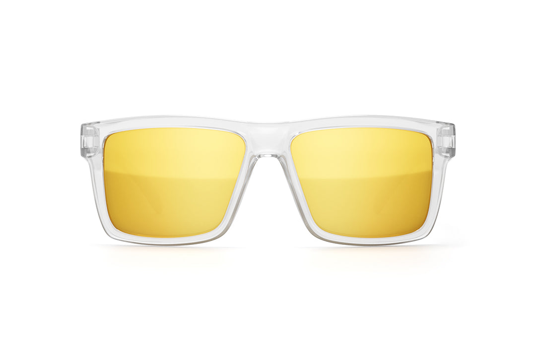 Front view of Heat Wave Visual Vise Sunglasses with clear frame and gold lenses.