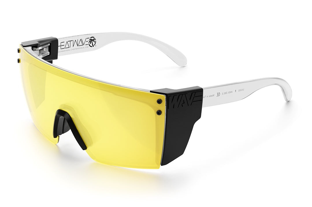 Heat Wave Visual Lazer Face Z87 Sunglasses with clear frame, black nose piece, hi-vis yellow lens and black side shields.
