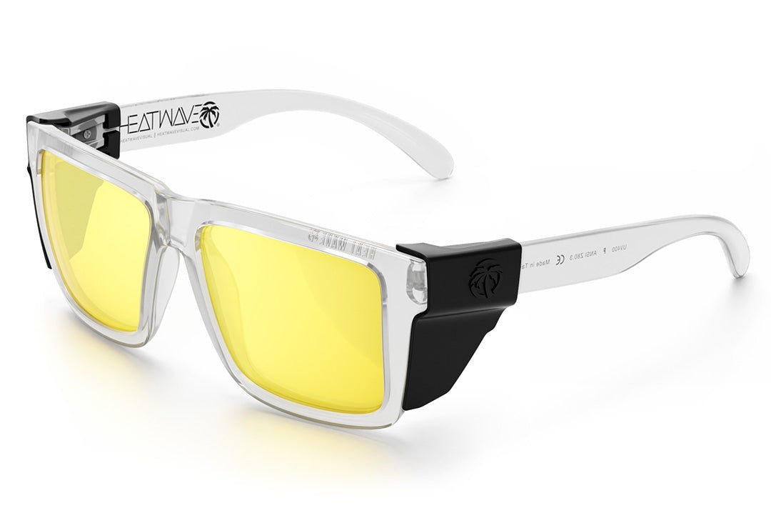 Heat Wave Visual XL Vise Sunglasses with clear frame, hi-vis yellow lenses and black side shields.