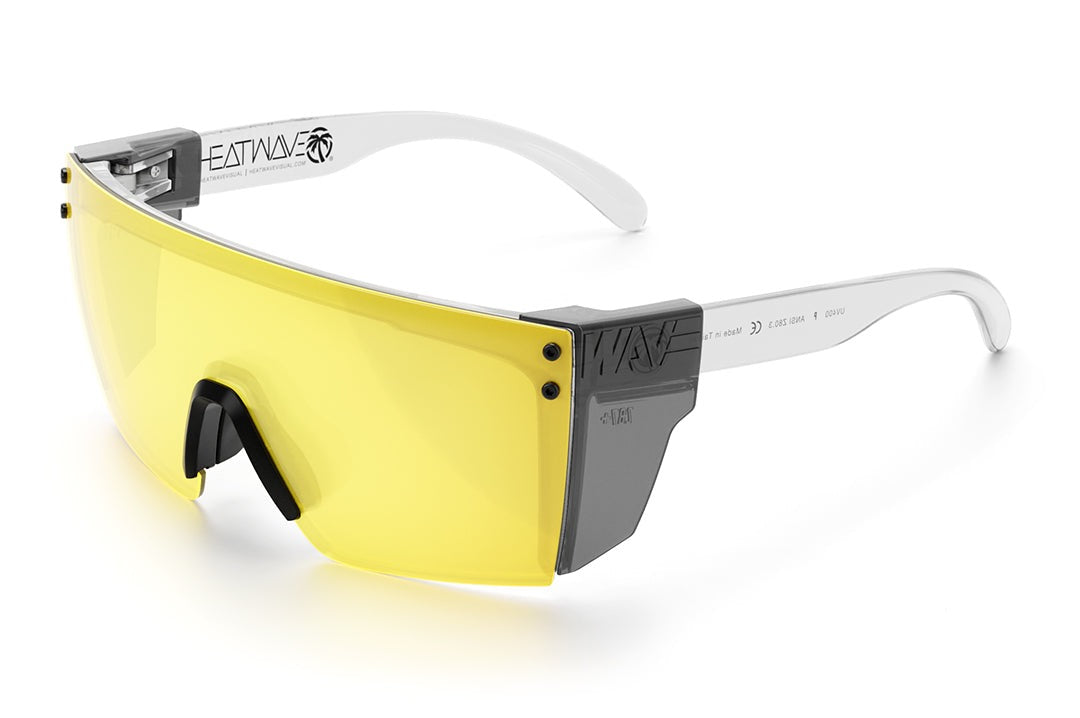 Heat Wave Visual Lazer Face Z87 Sunglasses with clear frame, black nose piece, hi-vis yellow lens and smoke side shields.