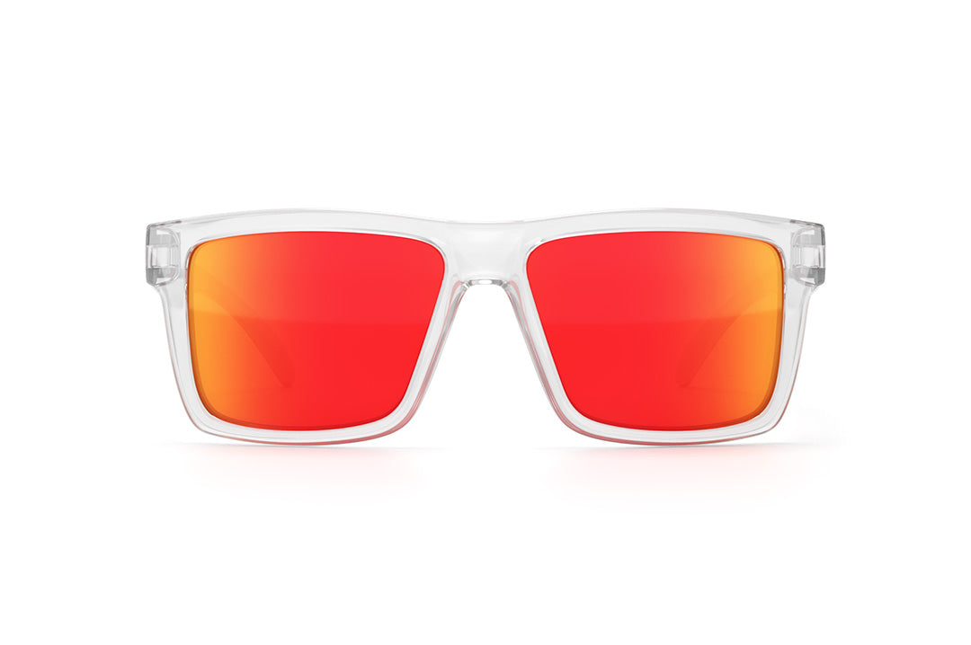 Front view of Heat Wave Visual Vise Sunglasses with clear frame and sunblast lenses.