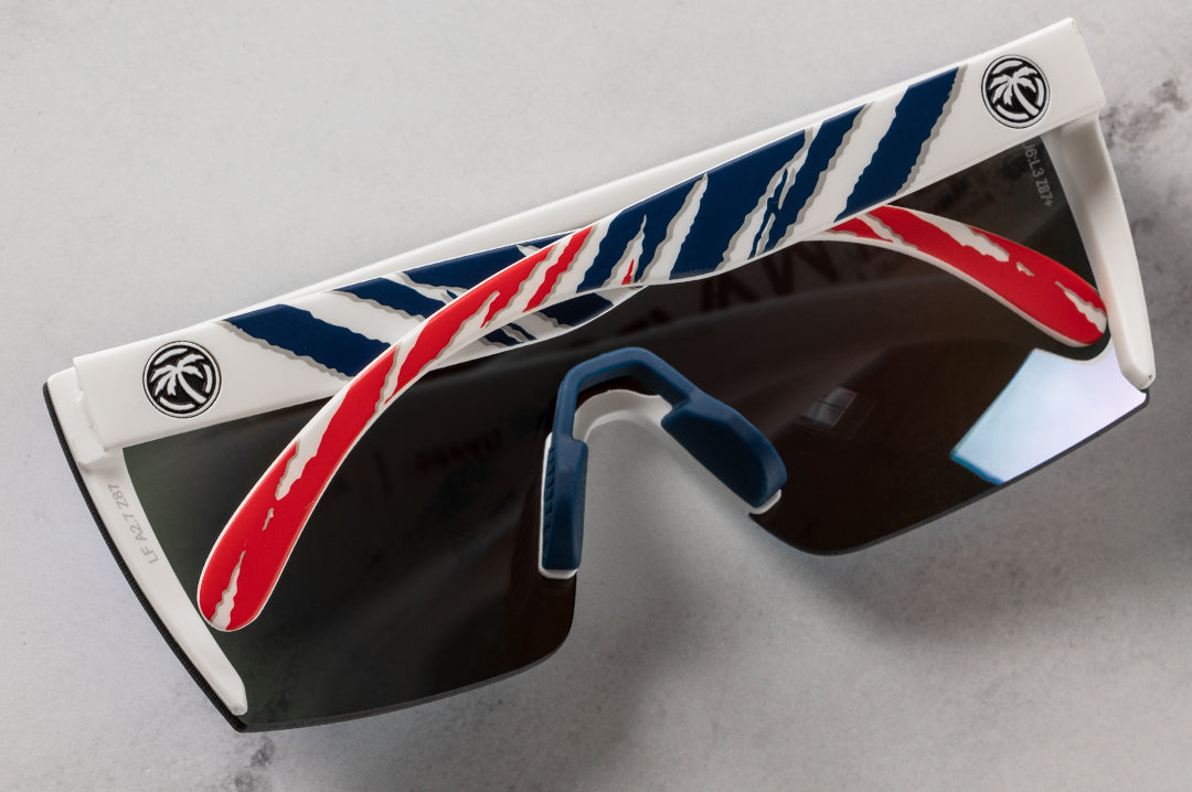 Back view of Heat Wave Visual Lazer Face Z87 Sunglasses with white frame, fireblade rwb print arms and galaxy blue lens.