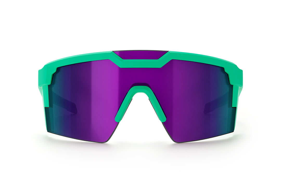 Heat Wave Visual Future Tech Sunglasses with green frame ultra violet lens.