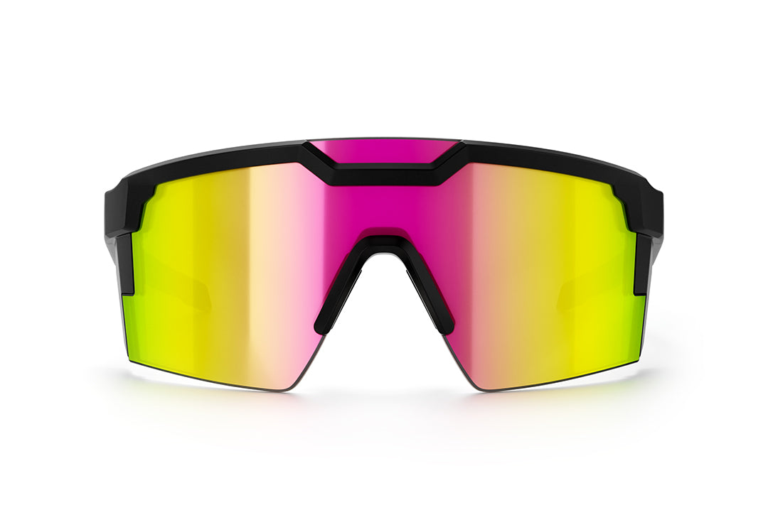 Front of Heat Wave Visual Future Tech Sunglasses with black frame and spectrum pink lens.