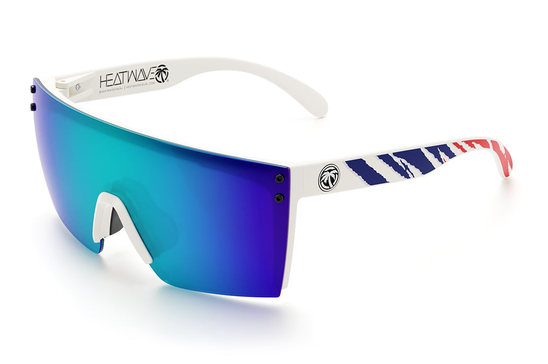 Heat Wave Visual Lazer Face Z87 Sunglasses with white frame, fireblade rwb print arms and galaxy blue lens.