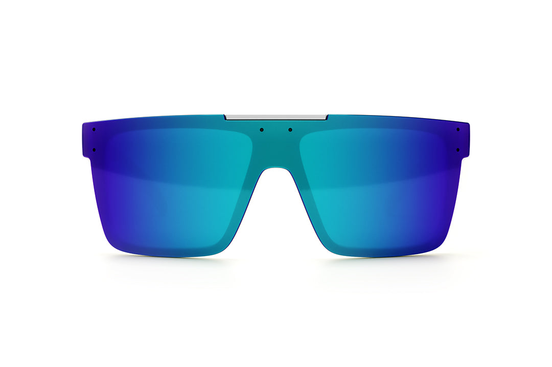 Front of Heat Wave Visual Quatro Sunglasses with white frame, red white and blue print arms and galaxy blue lens.