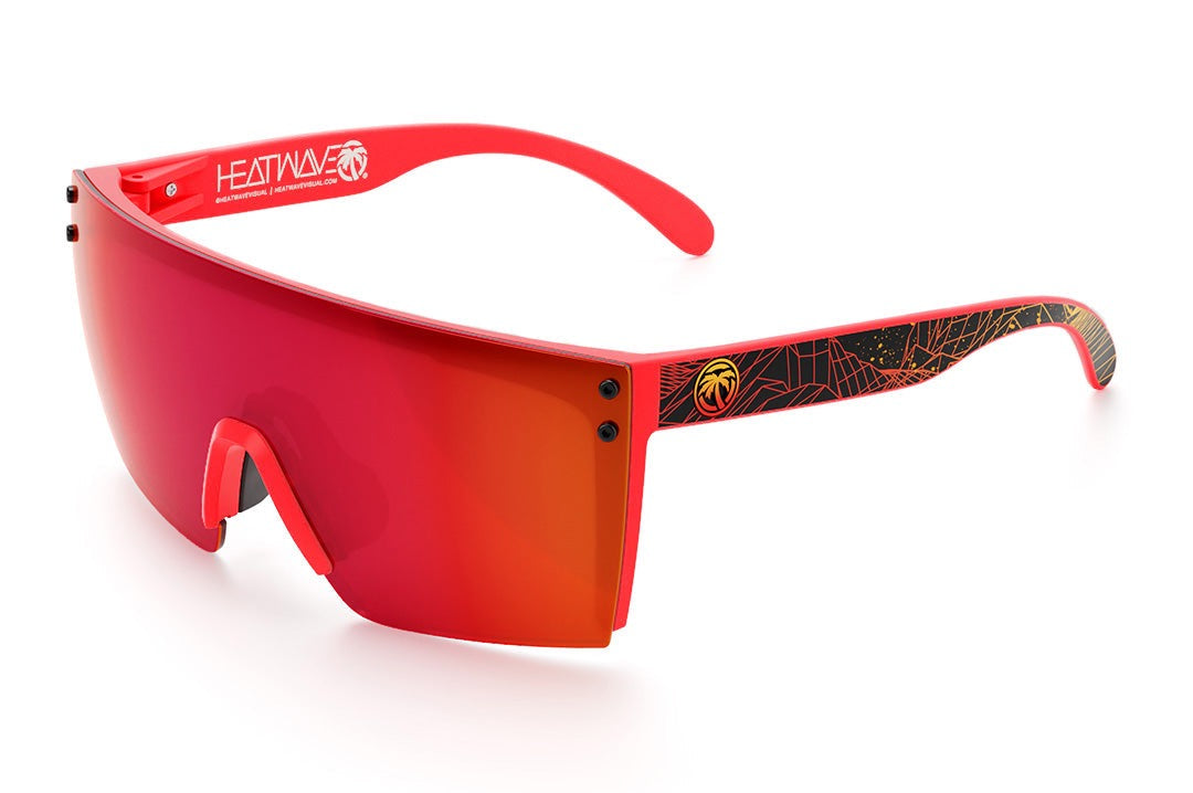 Heat Wave Visual Lazer Face Z87 Sunglasses with neon red frame, girdwave print arms and firestorm red lens.
