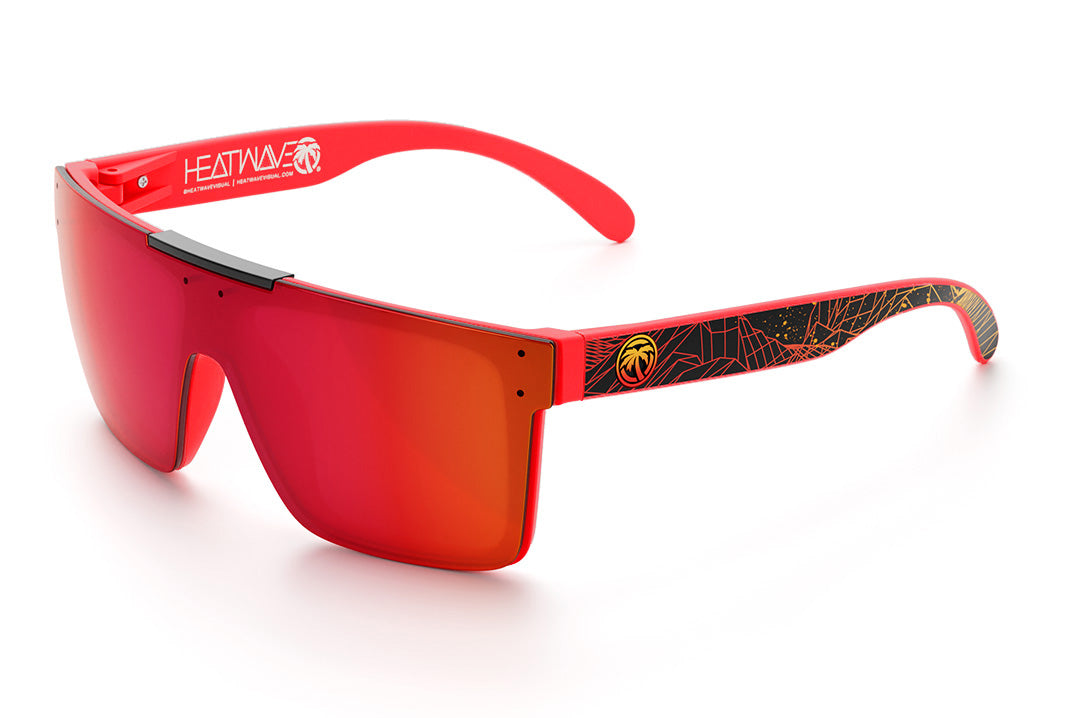 Heat Wave Visual Quatro Sunglasses with neon red frame, gridwave print arms and firestorm red lens.