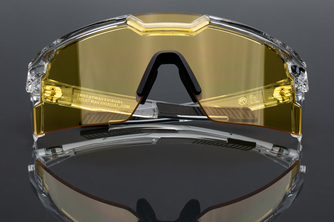 Front of Heat Wave Visual Future Tech Sunglasses with clear frame and hi vis yellow lens.