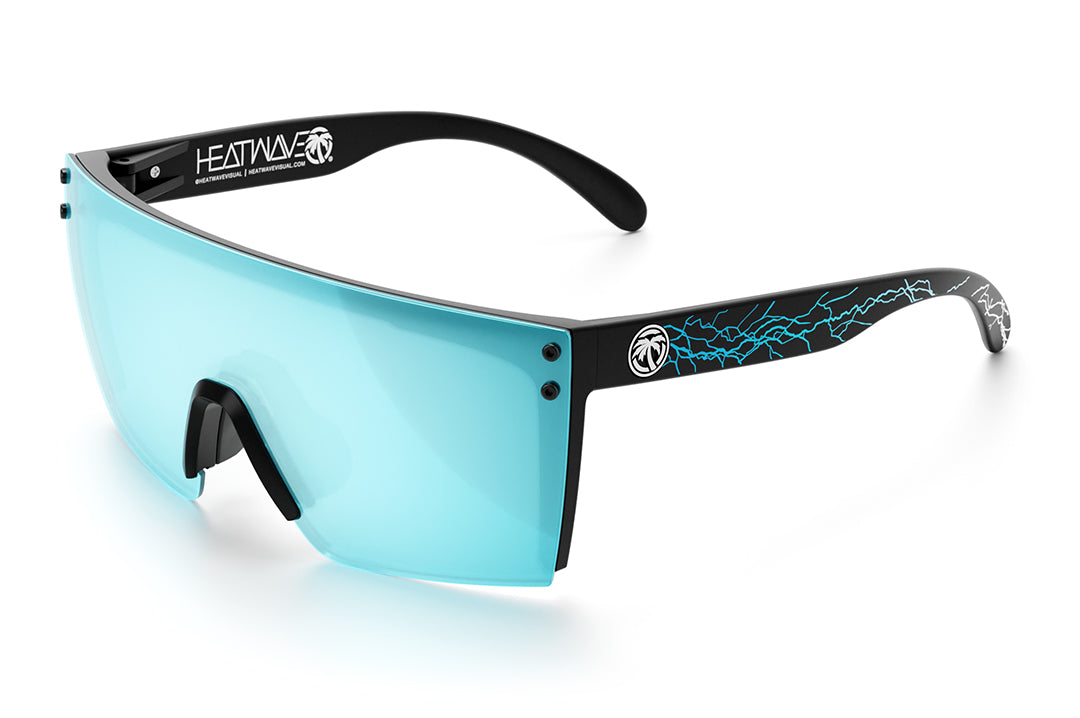 Heat Wave Visual Lazer Face Sunglasses with black frame, hard rain print arms and arctic chrome lens. 