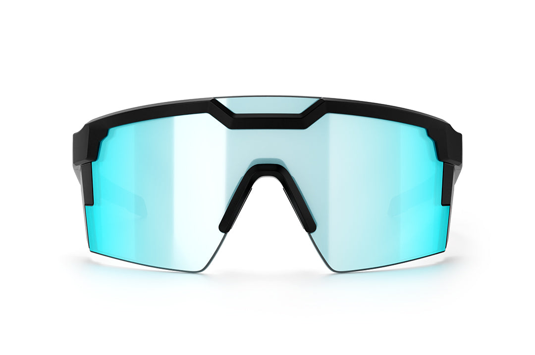 Front view of Heat Wave Visual Future Tech Sunglasses with black frame, light blue lens and lightening bolt print arms.