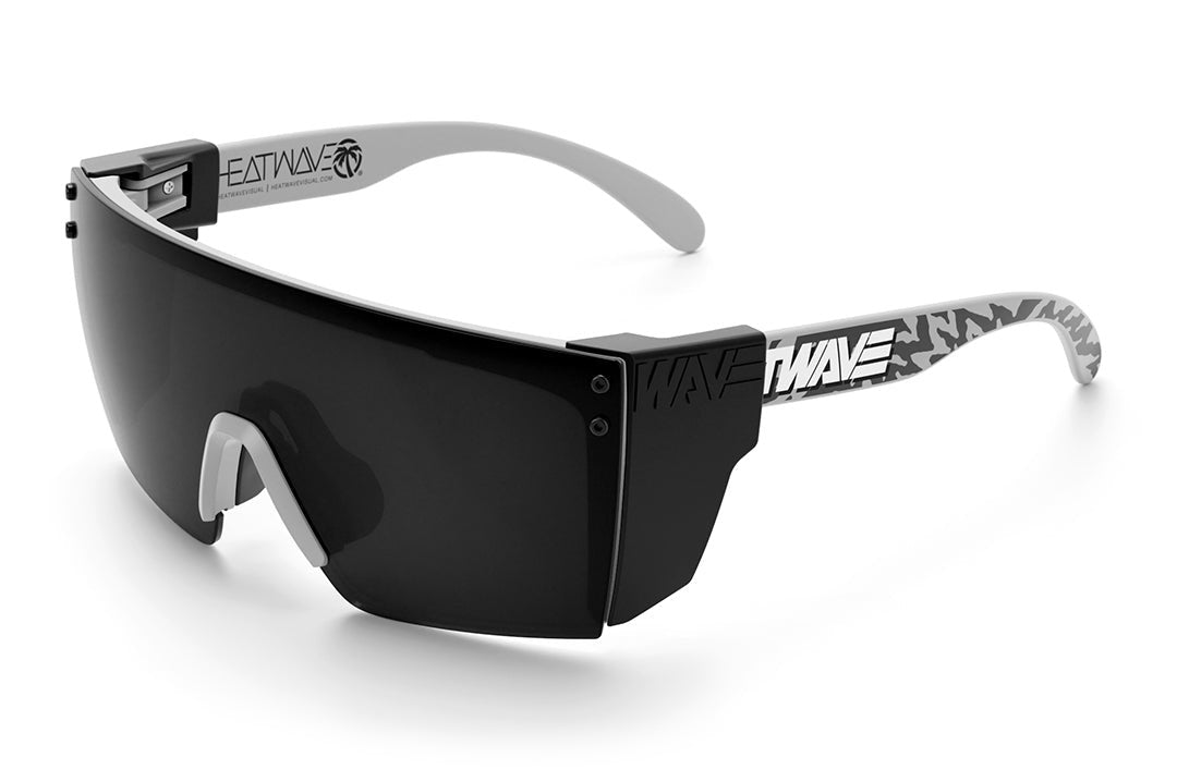Heat Wave Visual Lazer Face Z87 Sunglasses with grey frame, hydroshock print arms, black lens and black side shields.