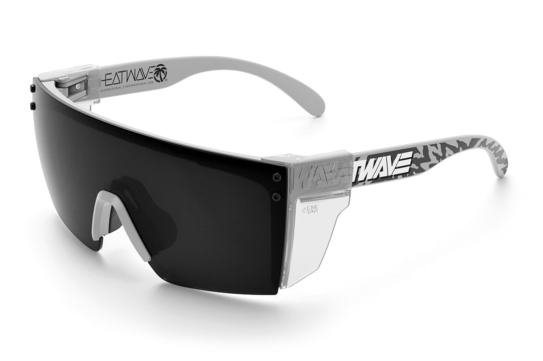 Heat Wave Visual Lazer Face Z87 Sunglasses with grey frame, hydroshock print arms, black lens and clear side shields.