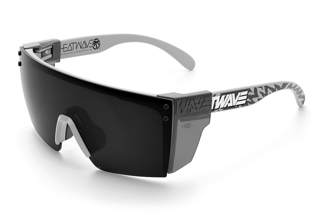 Heat Wave Visual Lazer Face Z87 Sunglasses with grey frame, hydroshock print arms, black lens and smoke side shields.