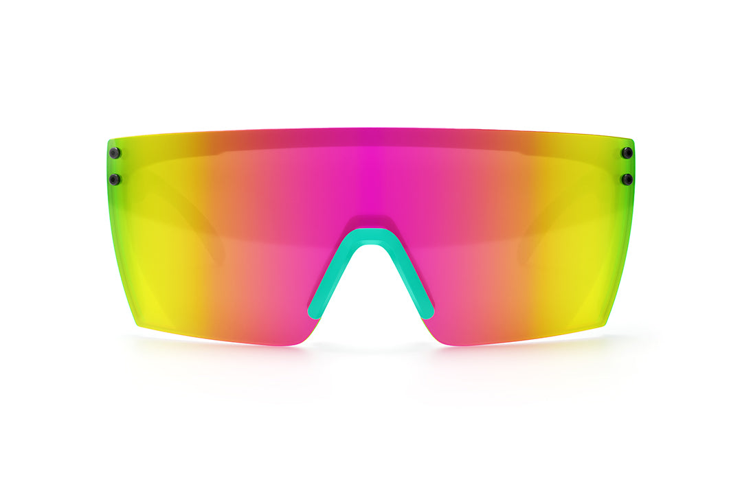 Front view of Heat Wave Visual Lazer Face  Sunglasses with aqua nose piece and spectrum pink yellow lens.
