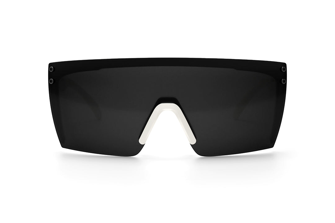 Front view of Heat Wave Visual Lazer Face Sunglasses with black frame, white nose piece and black lens.