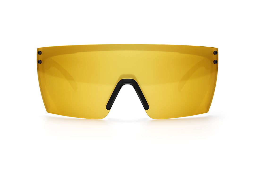 Front view of Heat Wave Visual Lazer Face Sunglasses with black frame and gold lens.