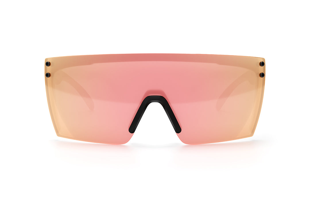 Front view of Heat Wave Visual Lazer Face Sunglasses with black frame and rose gold lens.