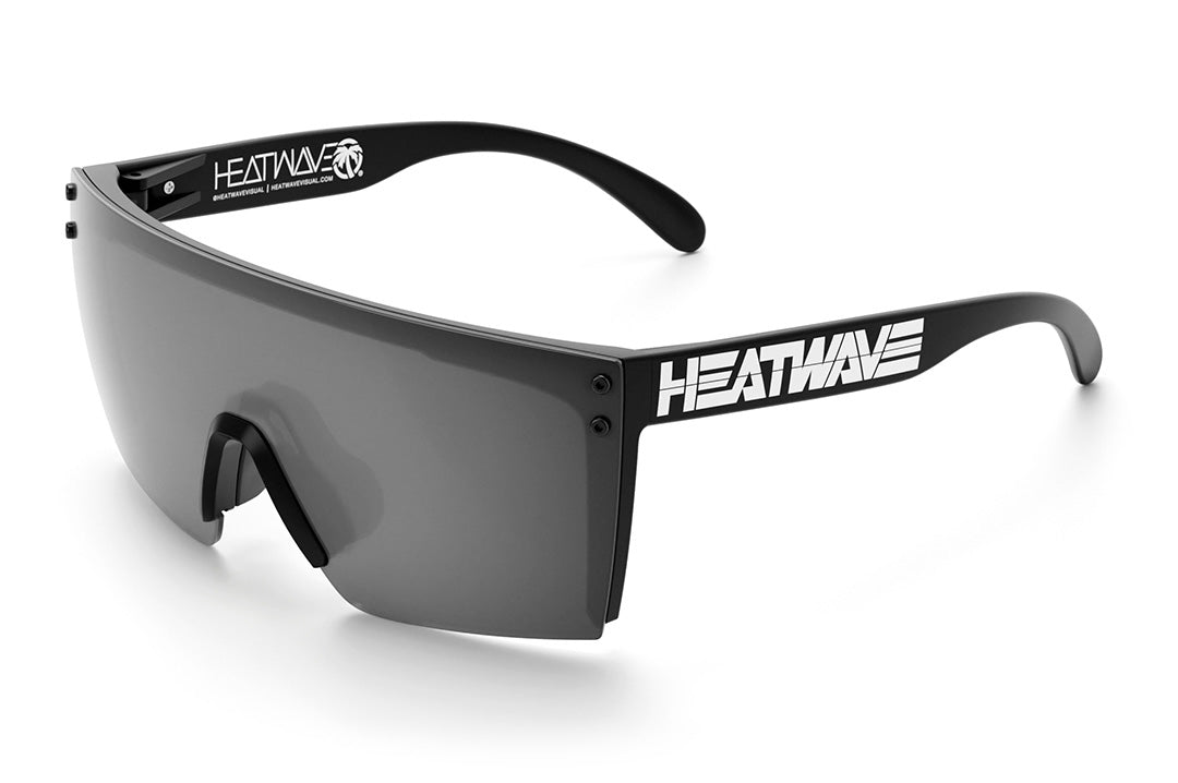 Heat Wave Visual Lazer Face Sunglasses with black frame, billboard print arms and silver lens.