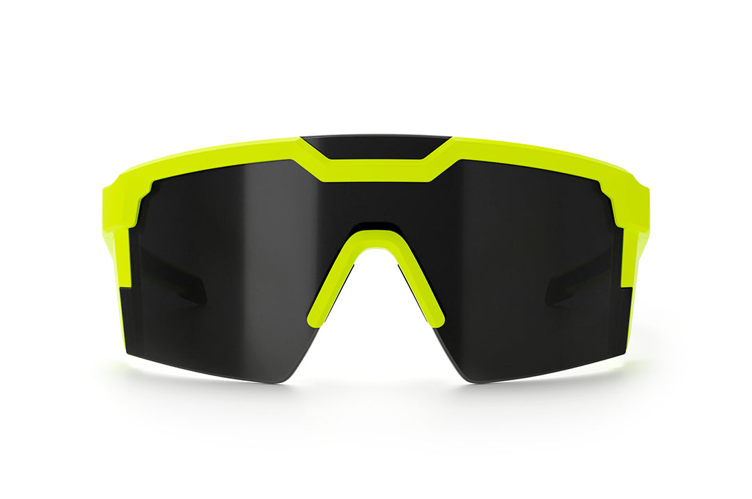 Front view of Heat Wave Visual Future Tech Sunglasses with hi vis yellow frame and black lens.