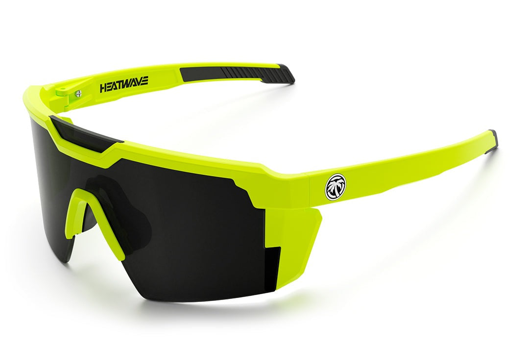 Heat Wave Visual Future Tech Sunglasses with hi vis yellow frame and black lens.