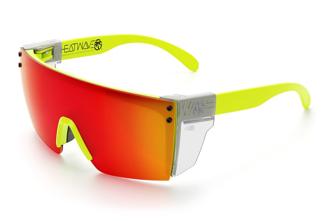 Heat Wave Visual Lazer Face Z87 Sunglasses with neon yellow frame, sunblast orange yellow lens and clear side shields.