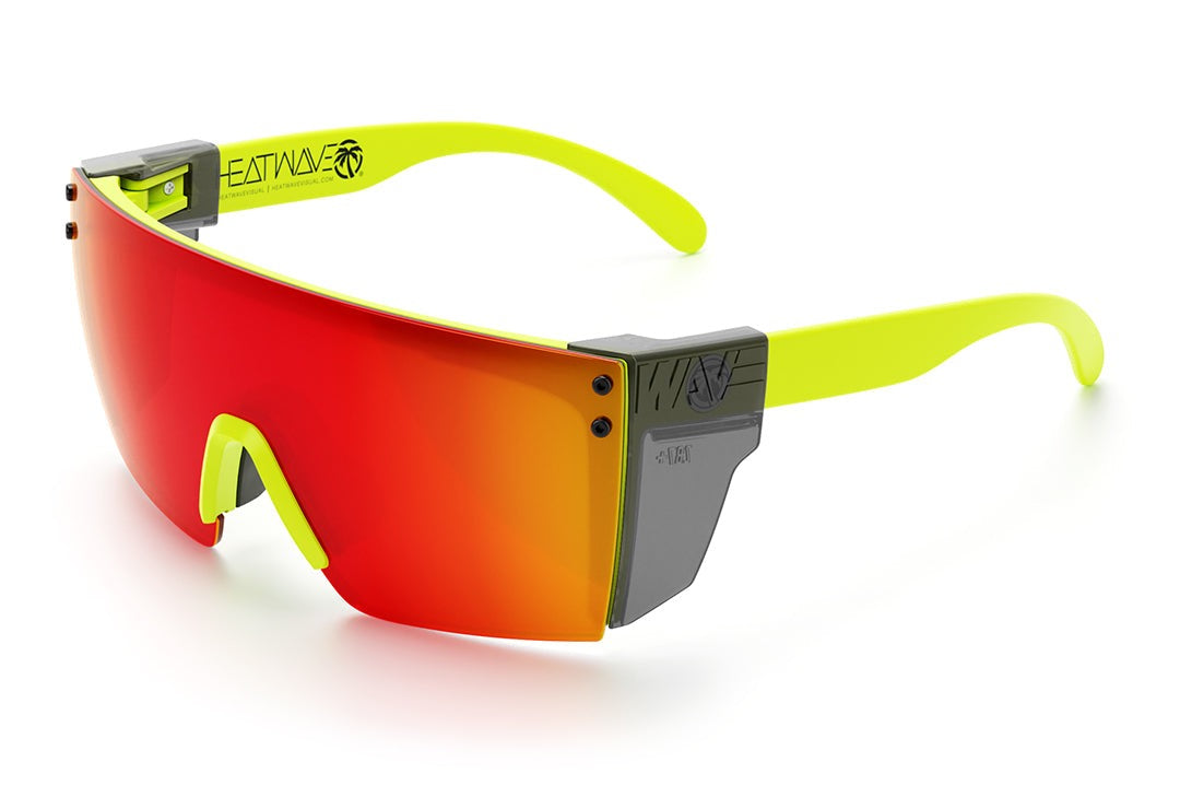 Heat Wave Visual Lazer Face Z87 Sunglasses with neon yellow frame, sunblast orange yellow lens and smoke side shields.