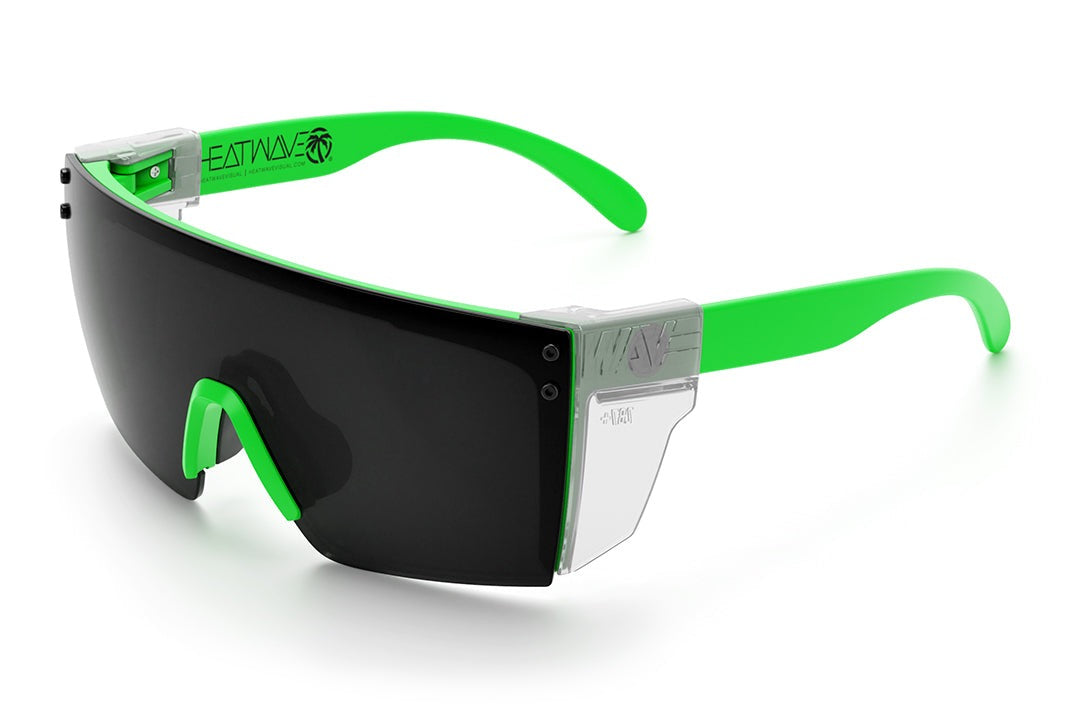 Heat Wave Visual Lazer Face Z87 Sunglasses with moto green frame, black lens and clear side shields.