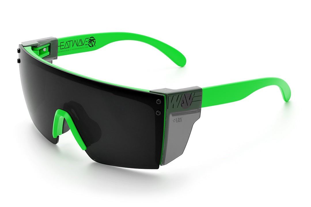 Heat Wave Visual Lazer Face Z87 Sunglasses with moto green frame, black lens and smoke side shields.