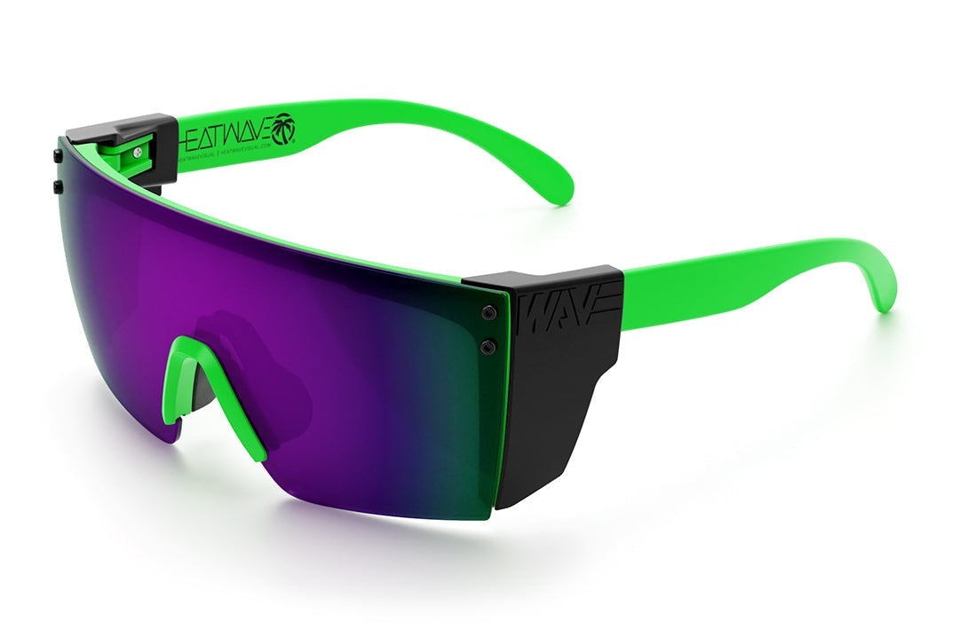 Heat Wave Visual Lazer Face Z87 Sunglasses with moto green frame, ultra violet lens and black side shields.