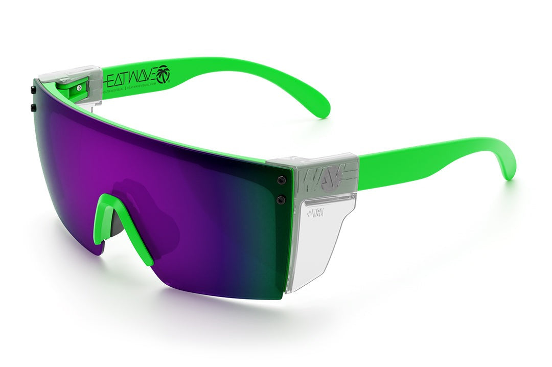 Heat Wave Visual Lazer Face Z87 Sunglasses with moto green frame, ultra violet lens and clear side shields.