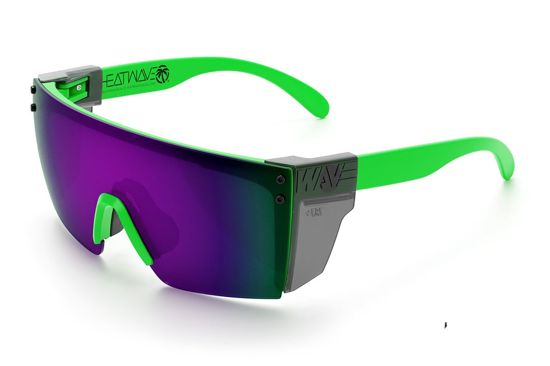 Heat Wave Visual Lazer Face Z87 Sunglasses with moto green frame, ultra violet lens and smoke side shields.