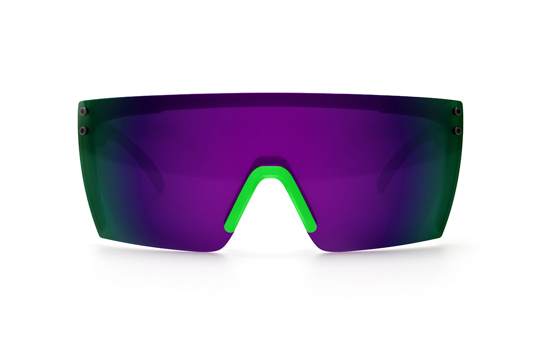 Front view of Heat Wave Visual Lazer Face Z87 Sunglasses with moto green frame and ultra violet lens.