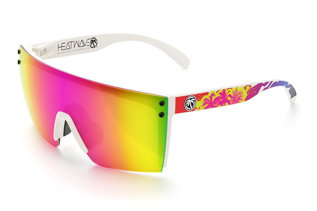 Heat Wave Visual Lazer Face Sunglasses with white frame, napalm print arms and spectrum pink yellow lens.