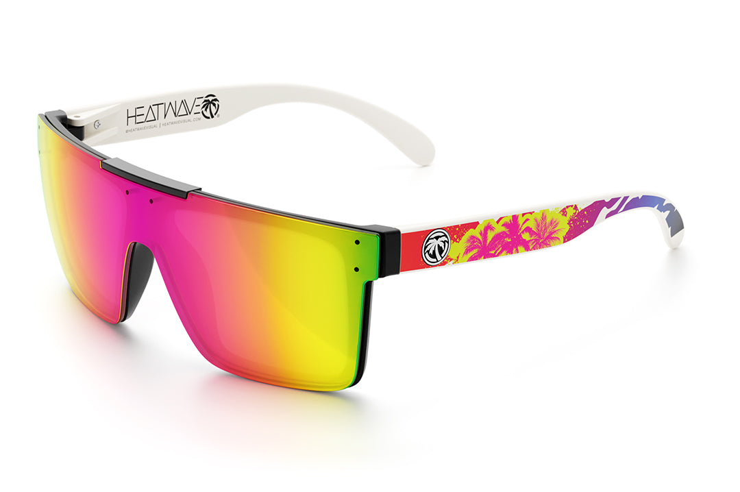 Heat Wave Visual Quatro Sunglasses with black frame, napalm print arms and spectrum pink yellow lens.