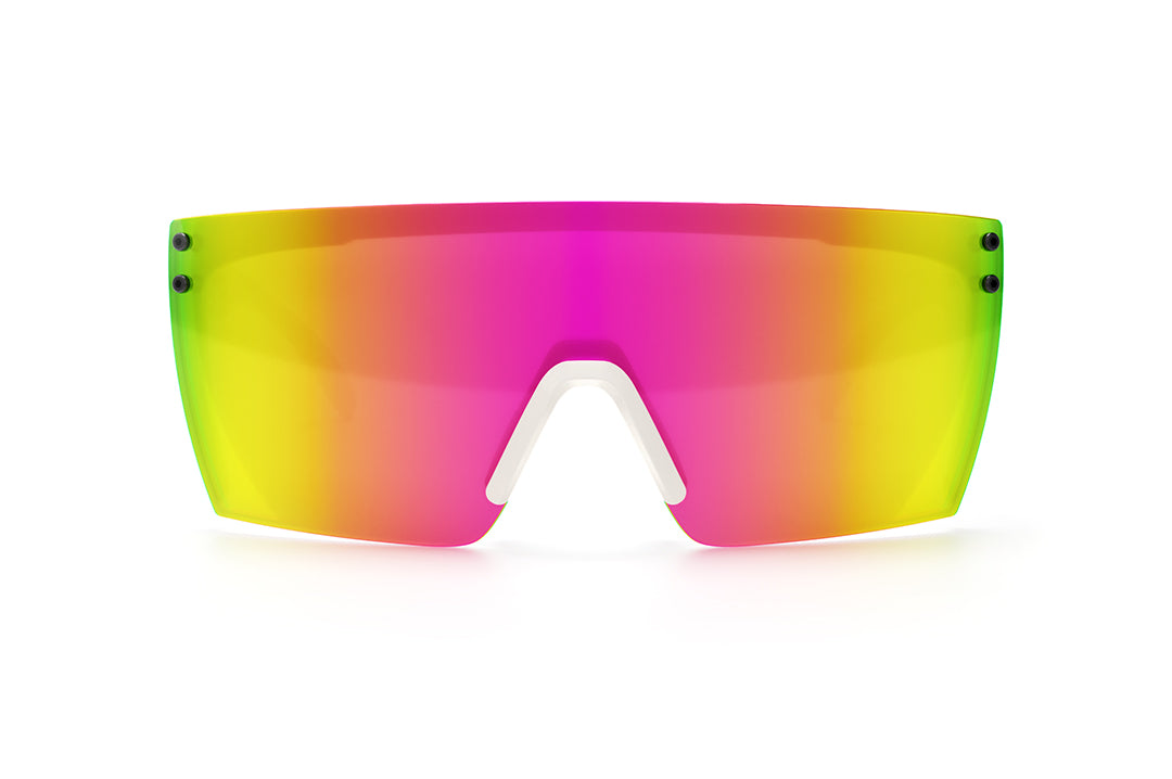 Front view of Heat Wave Visual Lazer Face Sunglasses with white frame, napalm print arms and spectrum pink yellow lens.