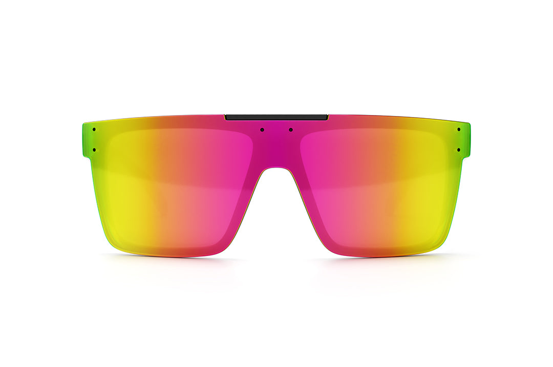 Front view of Heat Wave Visual Quatro Sunglasses with black frame, napalm print arms and spectrum pink yellow lens.