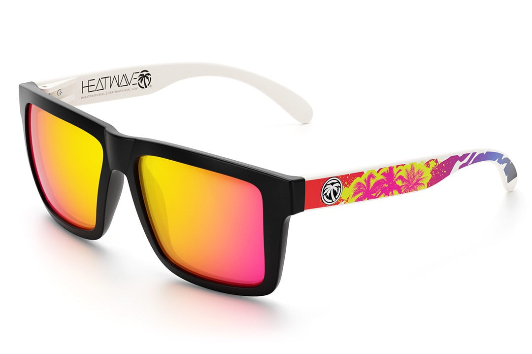 Heat Wave Visual XL Vise Sunglasses with black frame, napalm print arms and tropic pink yellow lenses.